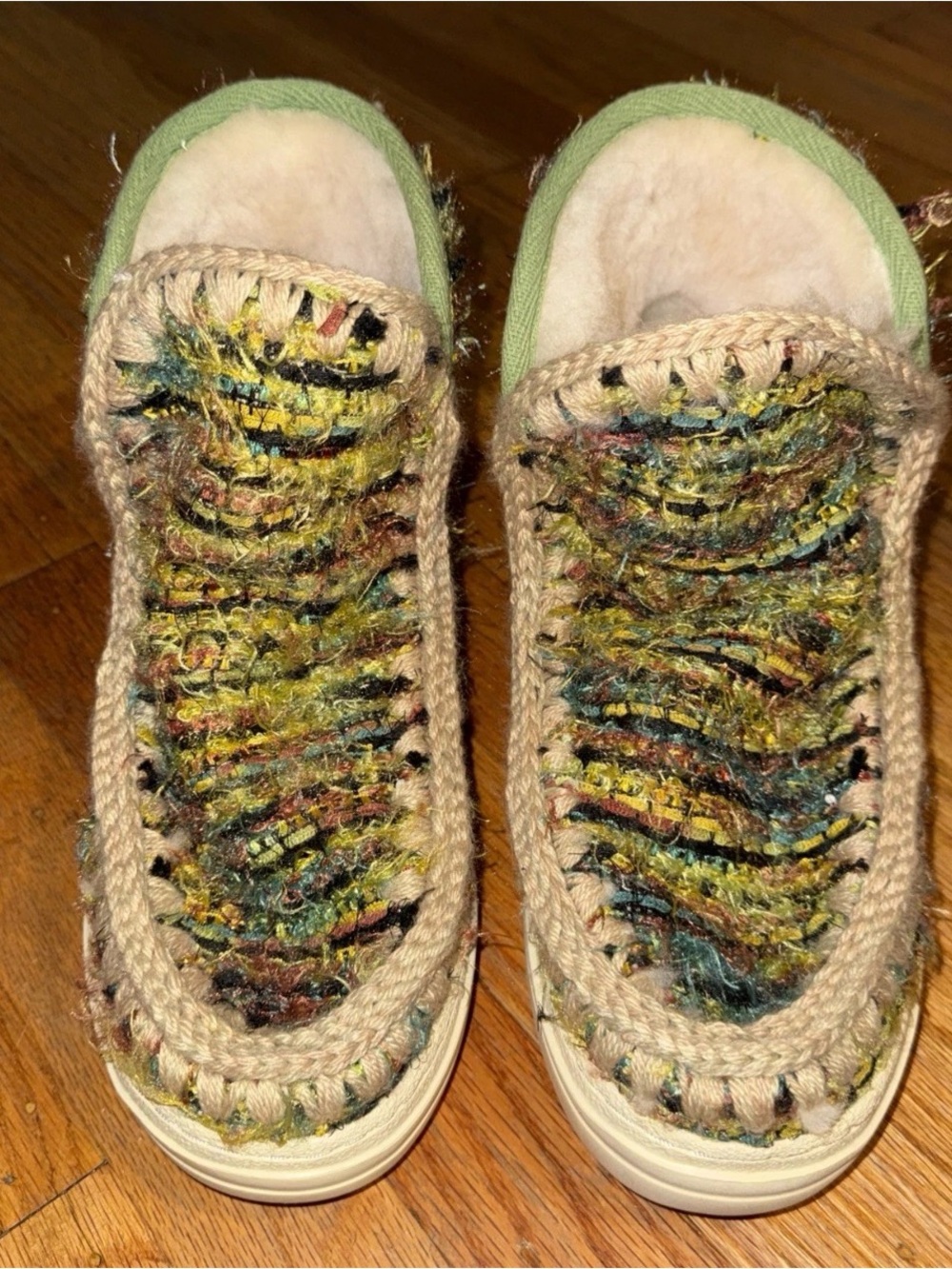 Mou Eskimo Shearling Boots Multicolor Woven Ankle Booties with Green Trim